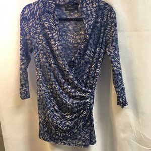 Karen Kane Mesh Knit Faux-Wrap Blue Print Top Sz M